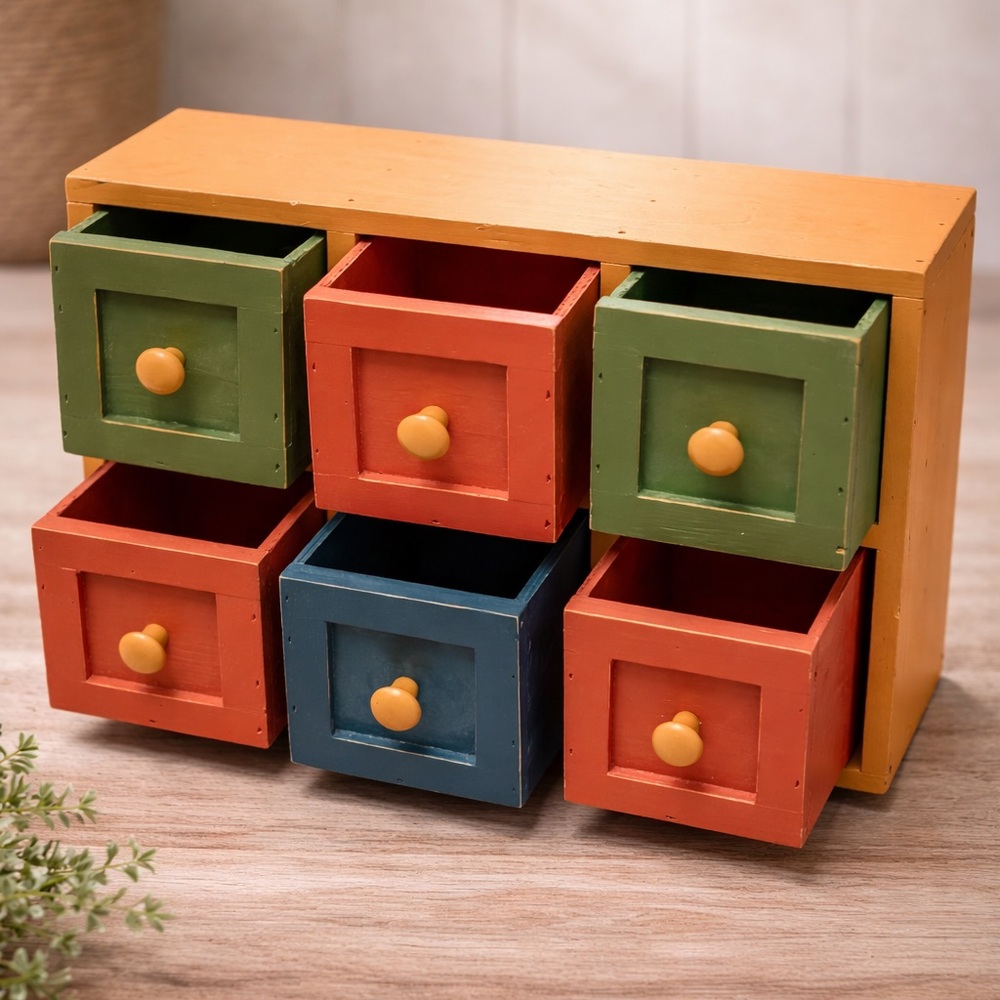 Wooden Mini Drawer Cabinet 6 Drawer Organizer Rustic Storage Box 2000s